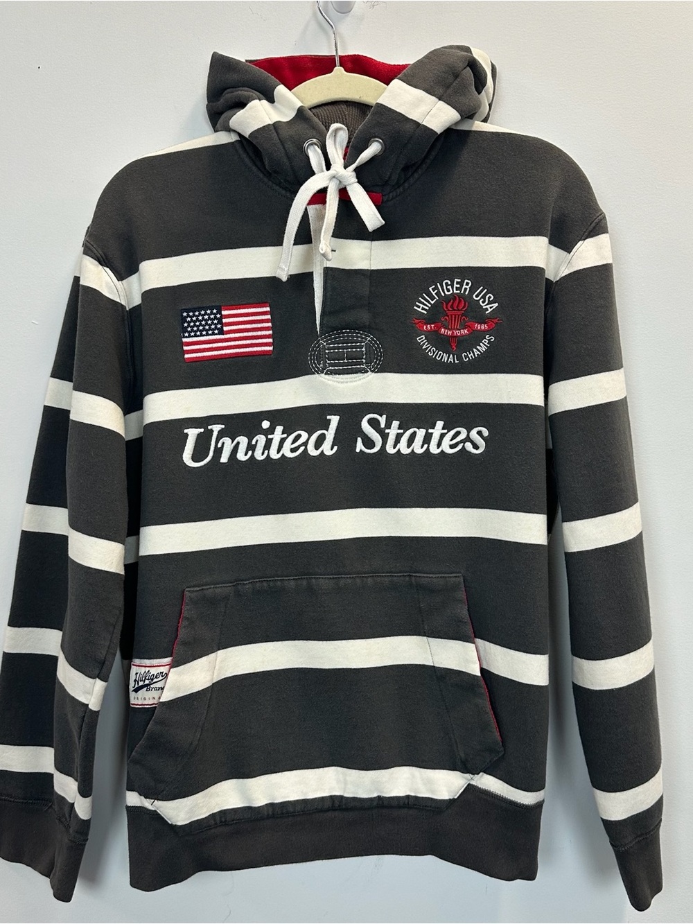 Tommy Hilfiger Black & White Striped United States Hoodie Large